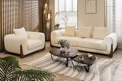 Modern Sofa Chesterfield Design with Stylish Wooden Legs Bouncy Teddy Fabric Off-White Finish Sofa for Living Room, Bedroom, Hallways (3+1 Seater)