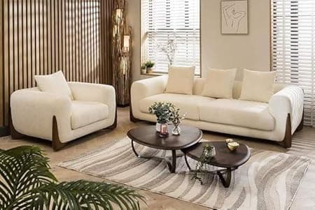 Modern Sofa Chesterfield Design with Stylish Wooden Legs Bouncy Teddy Fabric Off-White Finish Sofa for Living Room, Bedroom, Hallways (3+1 Seater)