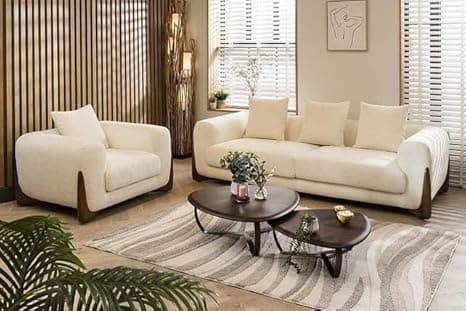 Modern Sofa Chesterfield Design with Stylish Wooden Legs Bouncy Teddy Fabric Off-White Finish Sofa for Living Room, Bedroom, Hallways (3+1 Seater)
