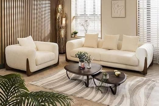 Modern Sofa Chesterfield Design with Stylish Wooden Legs Bouncy Teddy Fabric Off-White Finish Sofa for Living Room, Bedroom, Hallways (3+1 Seater)
