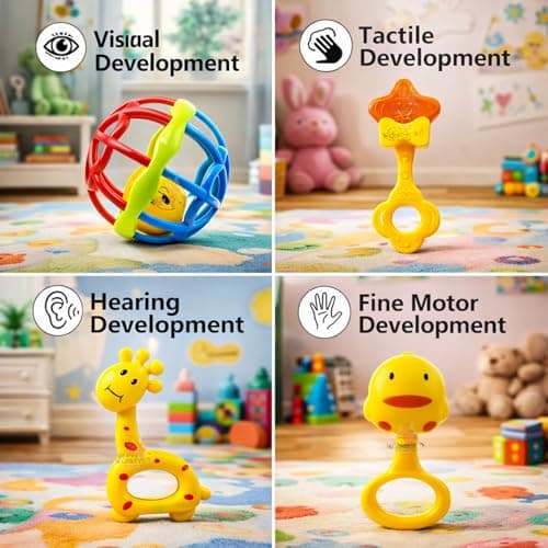 WISHKEY Colorful Attractive Plastic Non Toxic Set of 8 Shake & Grab Rattle BPA Free for New Born and Infants (Pack of 8, Multicolor) 2