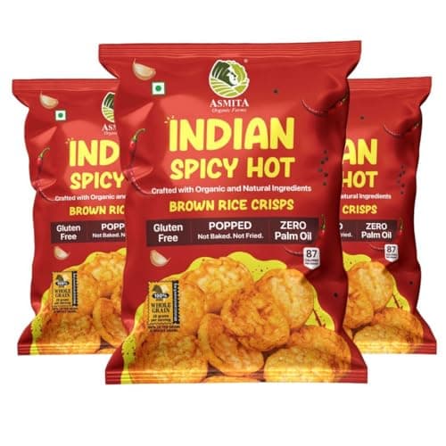 Asmita Organic Farms Brown Rice Popped Crisps (55g, Pack of 3) | Not Baked, Not Fried | Low Fat, High Fiber, with Foxtail Millet | Healthy, Low-Calorie, Popped Snack | Indian Spicy Hot Flavor, Guilt-F