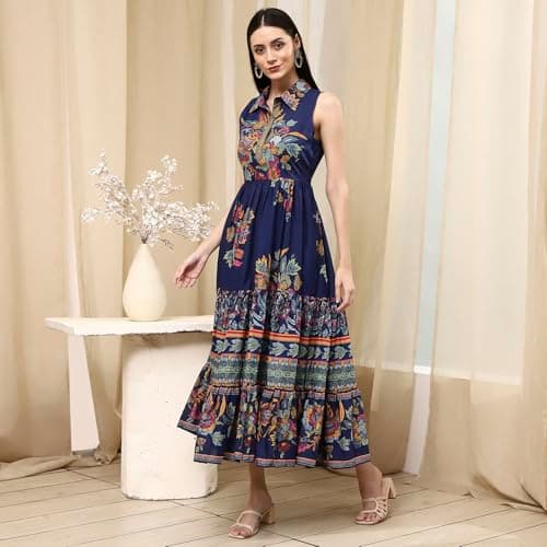 Biba Women Indigo Cotton Floral Tiered Dress_40 3
