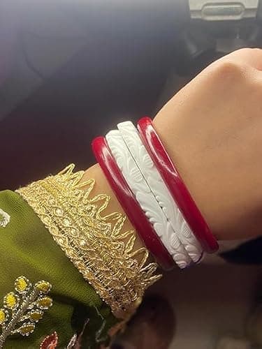 HAPPYCRAFT Original Shakha Pola Bangles for Married Women (Pack of 4) | Traditional Bengali Red White Bangles Set | Daily Ritual Puja | Classic Ethnic for Traditional Bengali Saree Styling 5