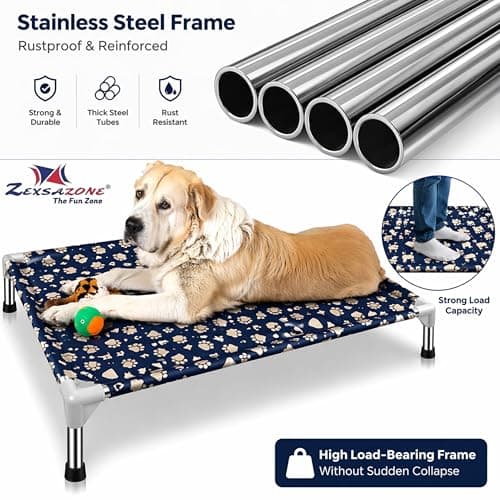 ZEXSAZONE Elevated Dog Bed 70x60x20 cm for Medium Dogs & Cats | Cooling Raised Pet Cot with Anti-Scratch Fabric | Foldable Portable Steel Frame Bed | Breathable Outdoor Indoor Dog Cot (Print Blue) 2
