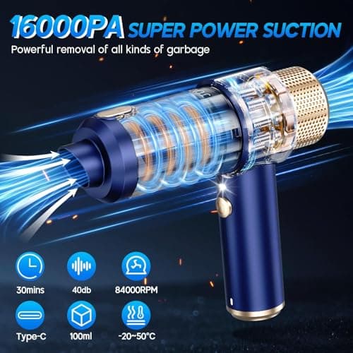 Eliane Handheld Car Vacuum Cleaner 16000PA, Cordless Portable 2-in-1 Air Duster and Vacuum with LED Light- 120W High Power Mini Vacuum, Multi-Nozzle Cleaner for Car, Home, Pet Hair & Office (Blue) 2