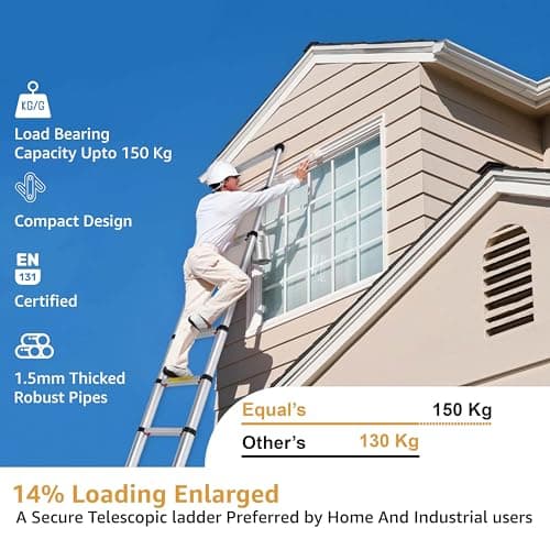 Equal 20.5 FT Portable & Compact Foldable Aluminium Telescopic Ladder | 2 Triangle Stabilizers | EN131 Certified | 2-Year Warranty | Heavy-Duty Ladder for Industrial & Commercial Use (6.2m / 15 Steps) 2
