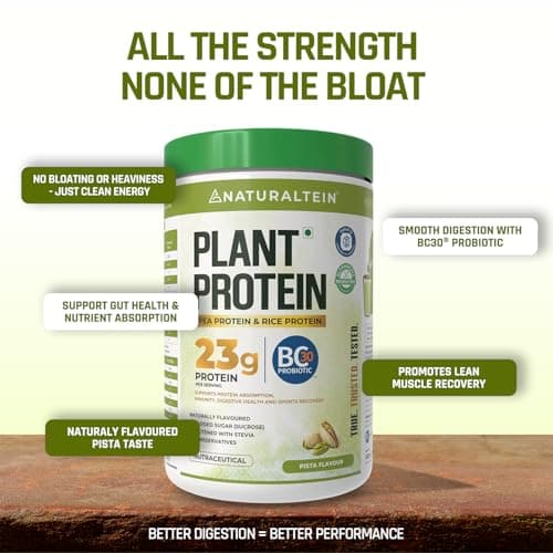 NATURALTEIN Plant Protein | 23g Clean Vegan Protein with BC30 Probiotic | Natural Pista Flavour | Supports Strength, Energy & Gut Health | No Added Sugar, 100% Natural & Easily Digestible 4