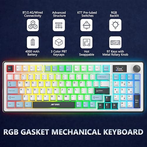 Ant Esports Apex 300 Tri-Mode (2.4GHz-BT-Wired) 5Layer Gasket Mount Mechanical Keyboard, 95Key Anti-Ghosting + Knob, OLED Display, RGB, KTT Hot-Swap Switches,1000Hz Polling, 4000mAh for PC Mac Laptops 3