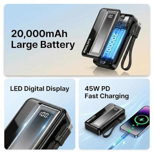 Philips DLP2721NB/94 20000mAh 45W Fast Charging Power Bank with Built-in Type-C Cable (Dark Slate) | Digital LED Display | Lithium Polymer | 2 Type-C & USB-A | Pocket Size | Compact & Travel-Friendly 4