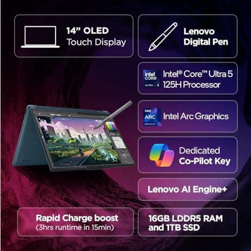 Lenovo Yoga 7 Intel Evo Core Ultra 5 125H Built-in AI 14"(35.5cm) WUXGA-OLED 400Nits 2-in-1 Laptop (16GB/1TB SSD/Win 11/Office Home 2024/Digital Pen/3 Mon. Game Pass/Teal/1.5Kg), 83DJ00FXIN 2