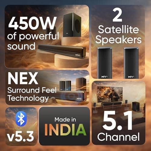 Mivi Nex 450 Soundbar [New Launch], 450W 5.1 Channel System with 3 in-Built Speakers, 2 Satellite Speakers and a Subwoofer, Nex Surround Feel Technology, Multiple Input Modes, Made in India 2