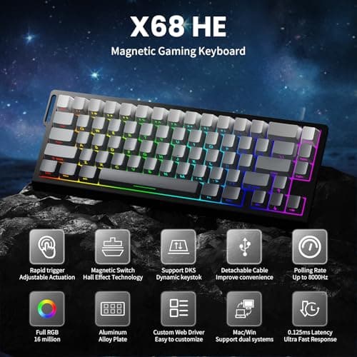 ATTACK SHARK X68 HE 8000Hz Rapid Trigger Keyboard, 0.01mm RT Accuracy Wired Gaming Keyboard with Magnetic Switch, Adjustable Actuation, Rapid Trigger, Snap Tap, RGB Lighting for PC/Mac, Moonlight 2