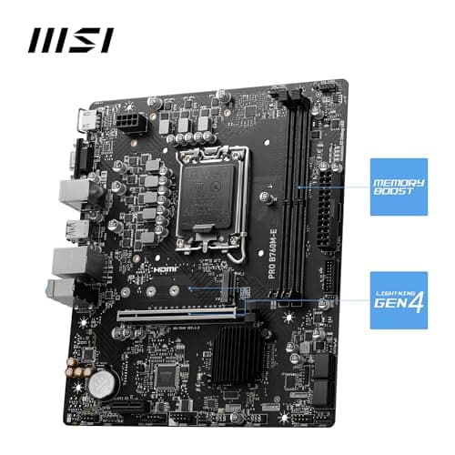 MSI PRO B760M-E Motherboard, Micro-ATX - Supports 14th/13th/12th Gen Intel Core Processors, LGA 1700 - DDR5 Memory Boost 5600MHz, PCIe 4.0 x16 Slot, M.2 Gen4 Slot 3