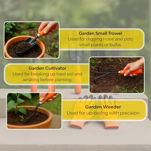 Kraft Seeds by 10CLUB Essential Gardening Hand Tools - 6 pieces | Gardening Tool Set Combo | Durable Home Garden Tool Kit for Soil | Cultivator | Fork Trowel | Weeder | Khurpi | Garden Gloves 5