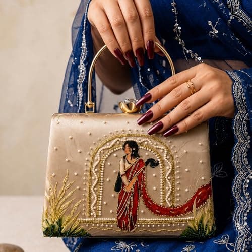 Artklim Beige Traditional Art Embroidered Clutches for Women | Wedding Clutch Stylish | Hand Clutches | Bridal Occasion Bag with Detachable Strap and Handle 4
