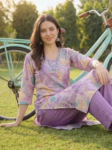 INDO ERA Women's Cream Cotton Blend Floral Printed Straight Fusion Kurta & Palazzo Set 2