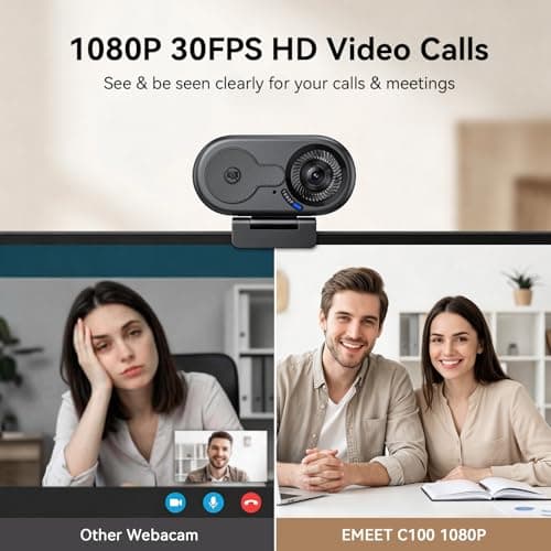 EMEET C100 1080P Webcam for PC, Fixed Focus, 66° FOV, Built-in Mic, Privacy Cover, Portable Metal Clip, Computer Camera for Home Office, Online Learning, Meetings, Streaming, Desktop, Laptop, PC USB-A 2