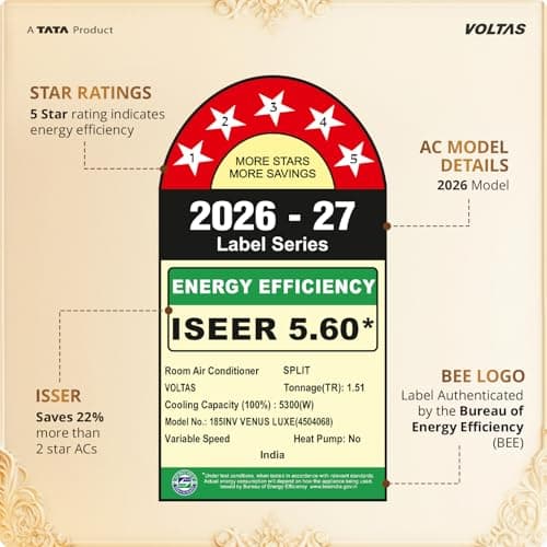 Voltas 1.5 ton 5 Star, New star rated, Inverter Split AC (Copper, Convertible 6-in-1 Cooling Modes, Auto Clean, Sleep Mode with Hidden Display, Memory Restart (185INV VENUS LUXE, White) 2