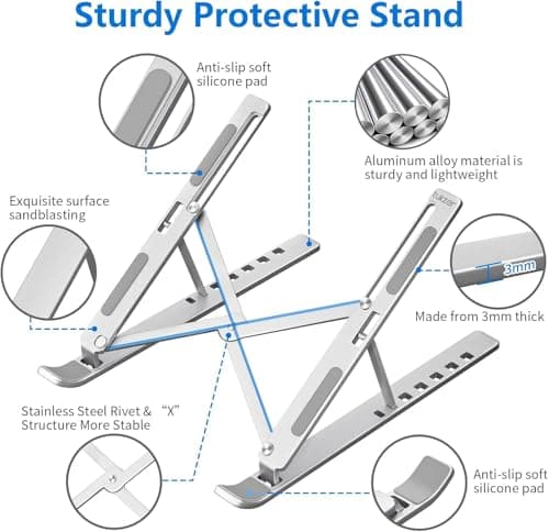 Tukzer Foldable Laptop Stand Riser for Laptop, MacBook, Notebook & Tablets up to 17 Inch, 7 Level Height Angle Adjustment, 2X Stronger M-Shape Aluminum Silicone Pads Air Ventilation (Silver) 4