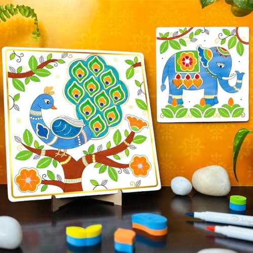 Imagimake DIY Madhubani Art Kit | Make 12 Paintings | Madhubani Painting & Colouring Kit Using Water Brush Pen & Stamps | Art & Craft Kit for Kids & Adults | Gift for Girls Age 8,9,10,11,12 5