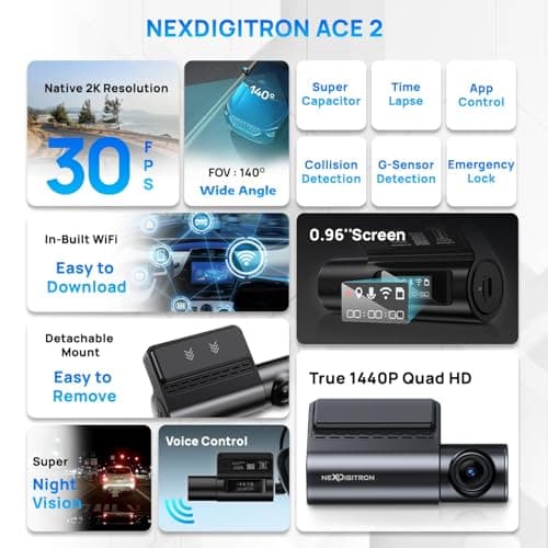 NEXDIGITRON ACE 2 Dash Camera, Native 2K 1440P, 0.96" Screen, Voice Control, Super-Capacitor, F1.8 6G Lens, Optional Parking Mode, Upto 256GB Supported 2