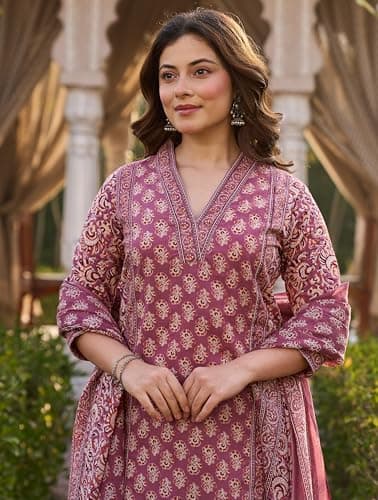 Arayna Women’s Cotton Printed Kurta Set with Pants & Dupatta | Elegant Ethnic Wear for Women | Floral Print | Comfortable Suit Set, Mauve Pink, X-Large 5