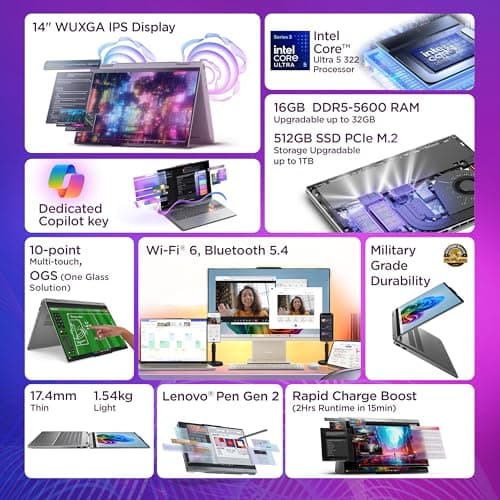 Lenovo IdeaPad 5 2-in-1 Convertible Laptop Intel Core Ultra 5 322 16GB RAM 512GB SSD 14" (35.5cm) WUXGA IPS Copilot+PC Windows 11 MS365 Basic+Office 2024 Lenovo Pen 2 1Yr ADP Grey 1.54Kg 83UG000HIN 2