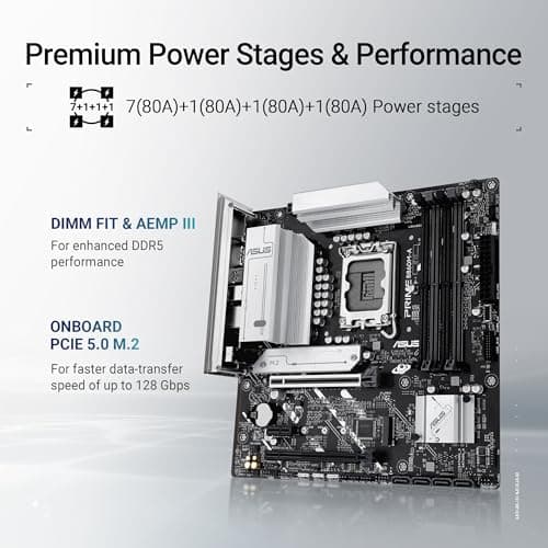 ASUS Prime B860M-A Intel mATX Motherboard, 7+1+1+1 80A DrMOS Power Stages, DDR5, PCIe 5.0, 2xM.2 Slots, Realtek 2.5Gb Ethernet, Dual DisplayPort, HDMI,Rear USB 20Gbps Type-C 3