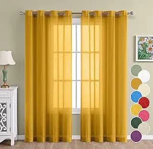 THE LINEN COMPANY Cotton Linen Solid Window Curtain Set with Steel Eyelet Rings- 4 Feet (Mustard, Set of 2)