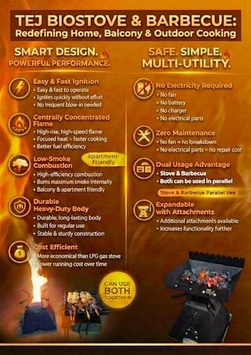 Tej BioStove & Barbecue Grill | Booster Combo of Portable Home, Balcony BBQ & Outdoor Camping Stove| MultiFuel Wood, Charcoal, Pellets | Smoke less, Quick Start, High Heat Tech| MultiUSE| Strong Steel 4