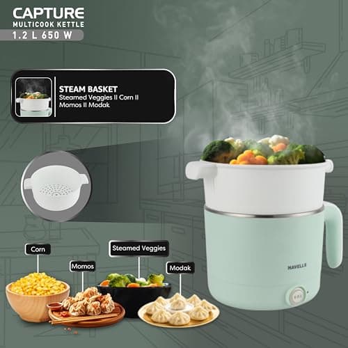 Havells Capture 1.2 L Multi-Cook Electric Kettle with Steamer | 650W |304 Stainless Steel Inner Body|Cooks Noodles, Rice, Milk | Cool-Touch Body | 2 Years Door Step Warranty by Havells (Green) 4