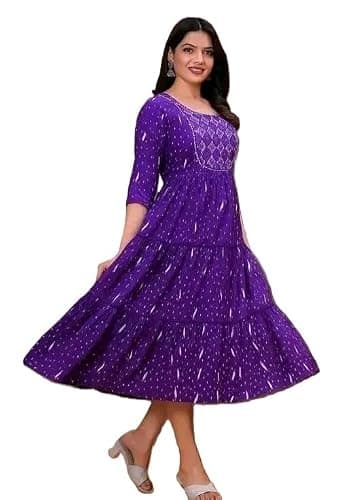 Women's Anarkali Kurti, Floral Printed Pink Tiered Gown with Embroidered Yoke, 3/4 Sleeves (in, Alpha, 2XL, Purple-Kurta)