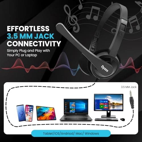 Dyazo Computer Wired Headphones | Headset with Mic | 3.5 MM Jack | Compatible for Laptops, PC, Notebooks (Black) 3