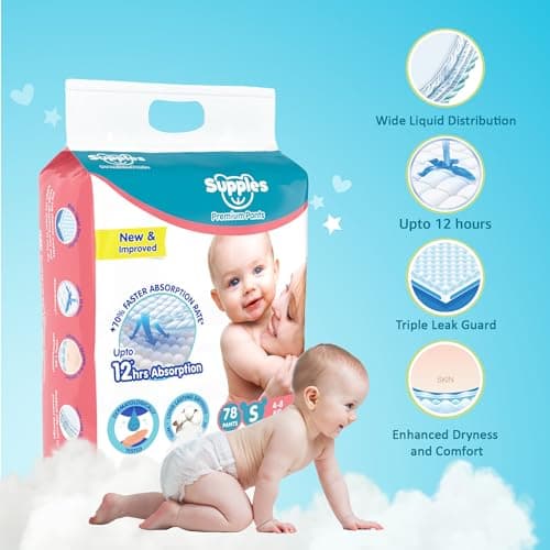 Amazon Brand - Supples Premium Baby Diaper Pants | 156 Baby Diapers | Small | 4-8 Kg | 78 x 2 Packs | 12 Hrs Absorption | Cushiony Cotton Soft Fabric | Phthalates-Free | Triple Leak Guard 3