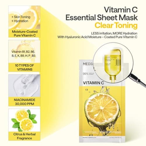MEDIHEAL Vitamin C Essential Mask (1 Sheet) Brightening Korean Sheet Mask with 99% Pure Vitamin C & 10 Vita Actives for Dark Spots, Uneven Skin Tone, Glow Boost, Hydrating Radiance Boosting K-Beauty F 3