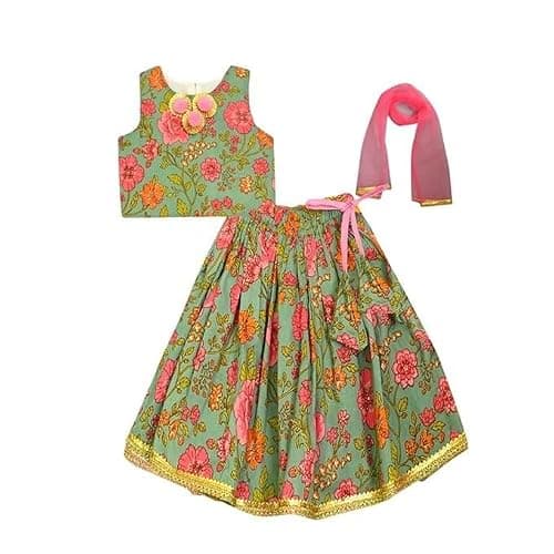 A.T.U.N. (ALL THINGS UBER NICE) Girls Cotton Ethnic Floral Lehenga Choli Set with Lace & Dupatta | Traditional 3-Piece Festive Outfit for Kids