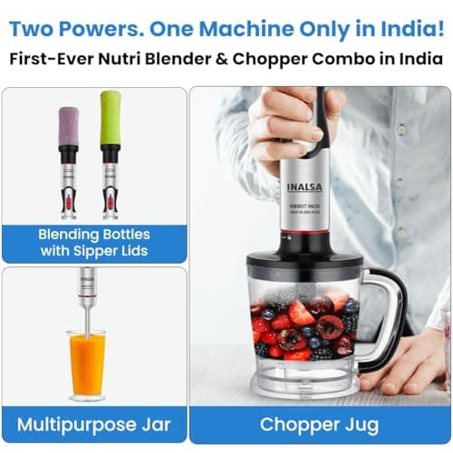 INALSA Nutri Blender with Hand Blender Attachment|1800W DC Motor|20 Speed Control + Turbo Speed|Chopping, Whisking,Frothing & 2Ready To Go Bottles|SS Blades & Rod|2 Yr Warranty|1800 Blend N Go 2