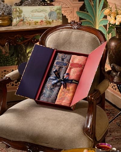 Pashtush His And Her Set Of Jamawar Stole and Shawl, Premium Gift Box Packaging, Navy Blue and Peach 3
