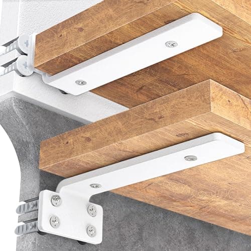 HIRVALL ® 8 Inch Shelf L Shape Pack of 4 White 160 lbs Load Capacity, Metal Brackets for Floating & Wooden Shelves - Novel Shape, 1/5 Inch Thick, Rust-Proof Wall Mount Bracket
