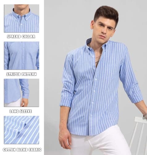 Zombom Men's Light Blue & White Vertical Striped Shirt for Men | Full Sleeve Slim Fit Cotton Blend Shirt | Stylish Formal 2