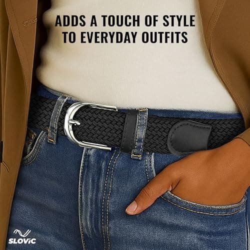 SLOVIC Stretchable Nylon Men Belts | Braided Design Belts for Men | Multi-Hole Adjustable Belt | Ideal for Jeans, Trousers & Chinos | Stylish Gift for Mens | Black 3