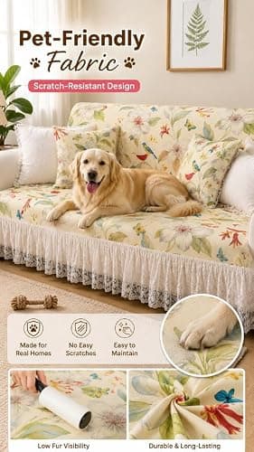 Bird Floral 7 Seater Waterproof Sofa Cover With Frill – 3+2+1+1 Anti-Slip French Coutry Sofa Throw |16-Piece Sofa Cover- 4 Seat, 4 Back & 8 Armrest Cover – 3 Seater, 2 Seater, 1 Seater |Sofa Throw 4