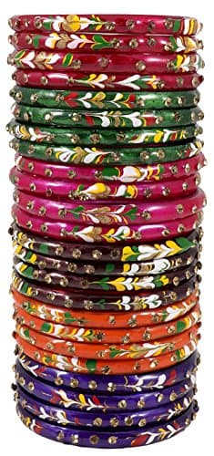 NMII Glass with Zircon Gemstone Studded worked and Flower Pattern Glossy Finished Kada Set For Women and Girls, (MultiColour_2.2 Inches), Pack Of 24 Kada Set 2