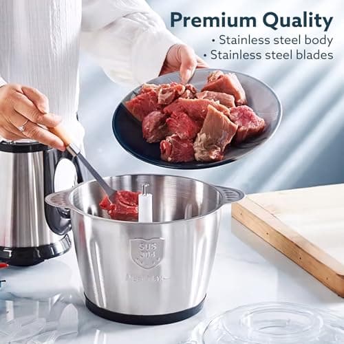AGARO Delite Vegetable & Meat Chopper for Kitchen, Garlic Peeler, Egg Whisker, 2L Bowl, 400W Motor, 3 Speed Settings, Meat Grinder, Vegetable Mixer, Stainless Steel Body, Onion, Garlic, Fruits. 5