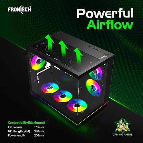 Frontech ROX Gaming Computer Case | 6 ARGB Fans | Dual Tempered Glass | Type-C Support | 360/280/240mm AIO Cooler Compatible | Front & Side Glass Panel | 1 x USB 3.0, 1 x 1.0 (FT-4391) 3
