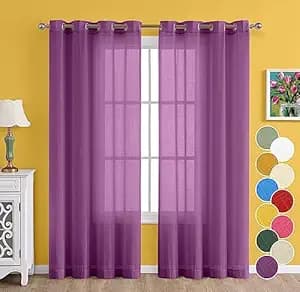 THE LINEN COMPANY Cotton Linen Solid Curtain Set with Steel Eyelet Rings- 4 Feet (Plum, Set of 2)