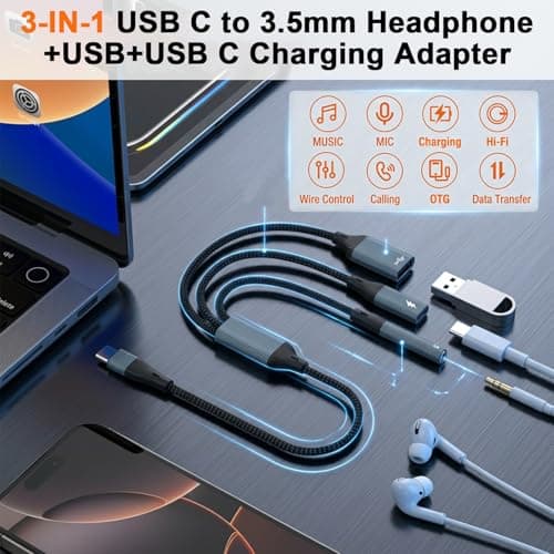 Verilux® 3 in 1 Type C to C Splitter for Charging, Type C to USB OTG Adapter with USB A/C/3.5mm Headphone Port for iPhone 17/16/15, Galaxy S26/S25/S24, Flash Drive, Keyboard, Mouse 3