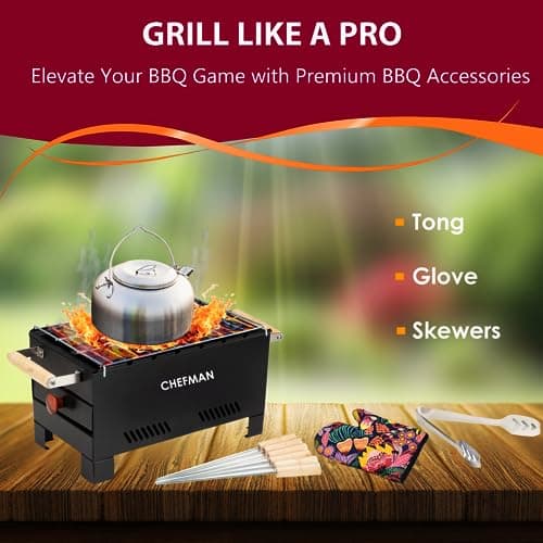 Chefman Charcoal Barbeque | Grill Barbeque | Grill Set for Home | Foldable Charcoal Tandoor | Outdoor BBQ | Grill Chicken Maker | with 6 Skewers with Gloves | Black 6