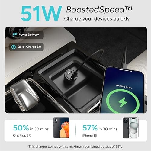 Ambrane 51W Fast Charging Car Charger, Dual Output 33W Type C PD + 18W USB Car Adapter, Quick Charge Car Plug for iPhone, Android, Tablets & More, High-Speed Compact Car Power Charger (Black, C51) 3